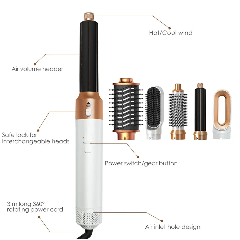 6-in-1 white and rose gold hair dryer brush set with interchangeable styling attachments for professional air styling.
