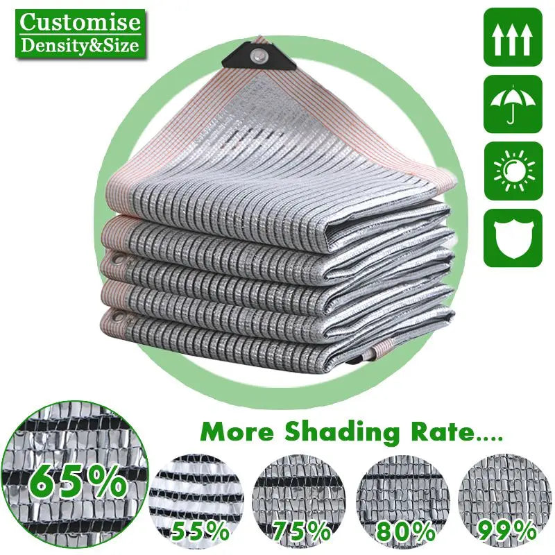 Aluminum foil sunshade net screen, folded gray stack with grommet tabs