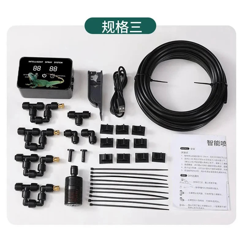 Terrarium mist spray kit contents: controller, long hose, many connector nozzles, instruction