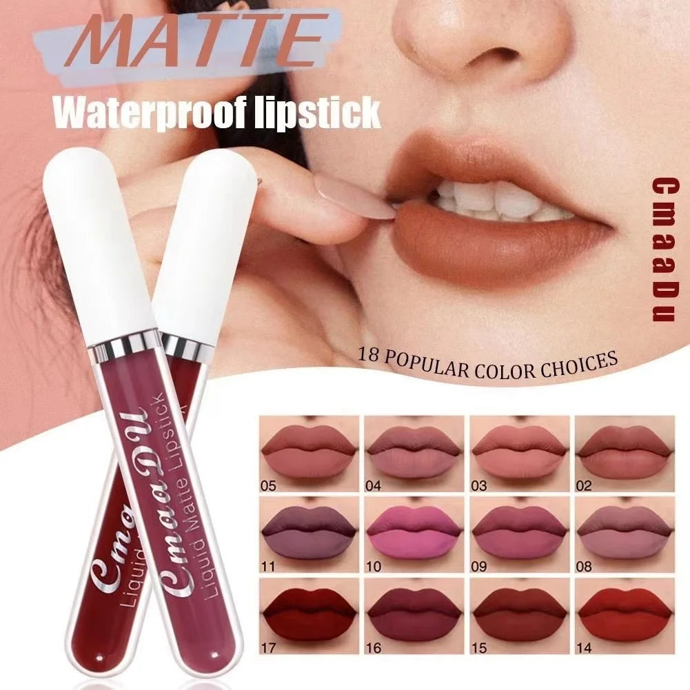 Long-lasting waterproof Cmaadu liquid matte lipstick in various shades with a smooth, non-stick finish for all skin types.