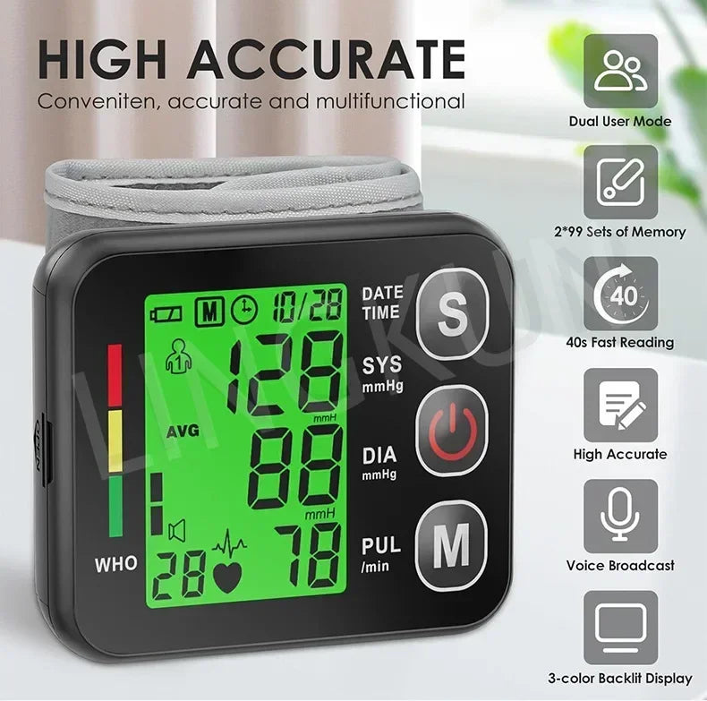 English Voice High Accurate BP Monitors Wrist Blood Pressure Monitor Tonometer Digital Sphygmomanometer Electronic Bp Monitors
