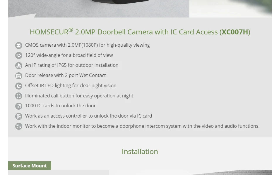 4 Wire IP65 HD Doorbell Camera 13.56Mhz IC Card Access 120° View Angle For HOMSECUR 1080P Tuya WIFI Video Doorbell Intercom