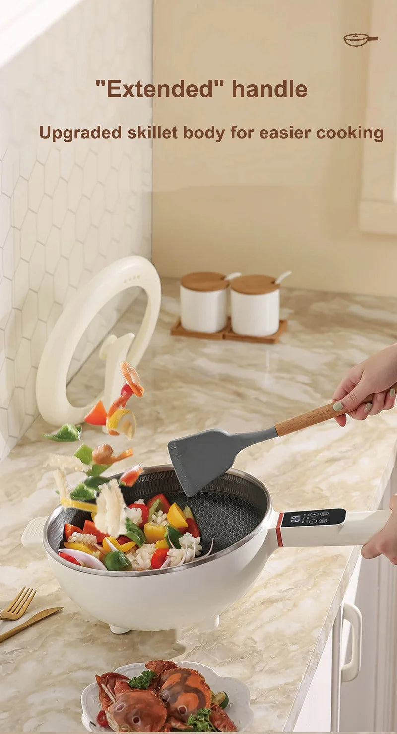 Electric cooking pot with extended skillet handle, food cooking in dark nonstick pan