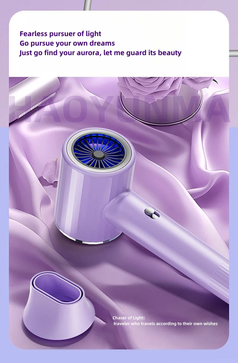 Purple 2400W ionic hair dryer with blue light, sleek handle, and magnetic nozzle attachment on satin background.