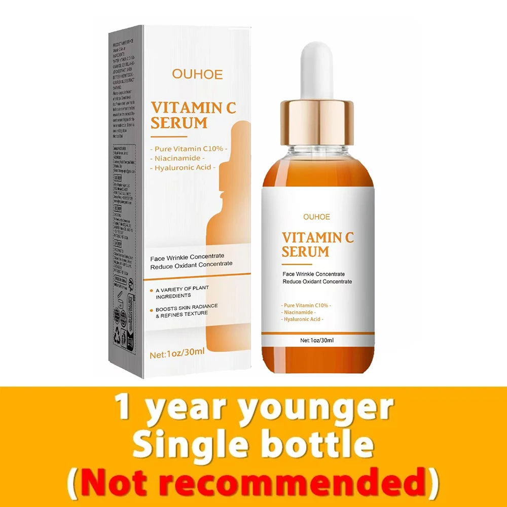 OUHOE Vitamin C serum in a white and orange box next to a glass dropper bottle containing amber liquid.