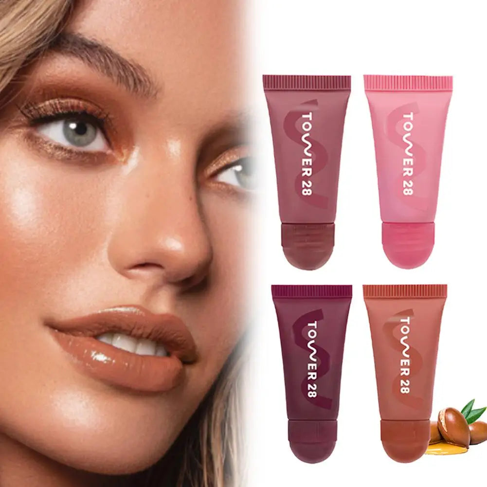4-piece Tower 28 Lip Jelly set with hydrating, mirror-shine tinted balm in various shades for reparative lip care.