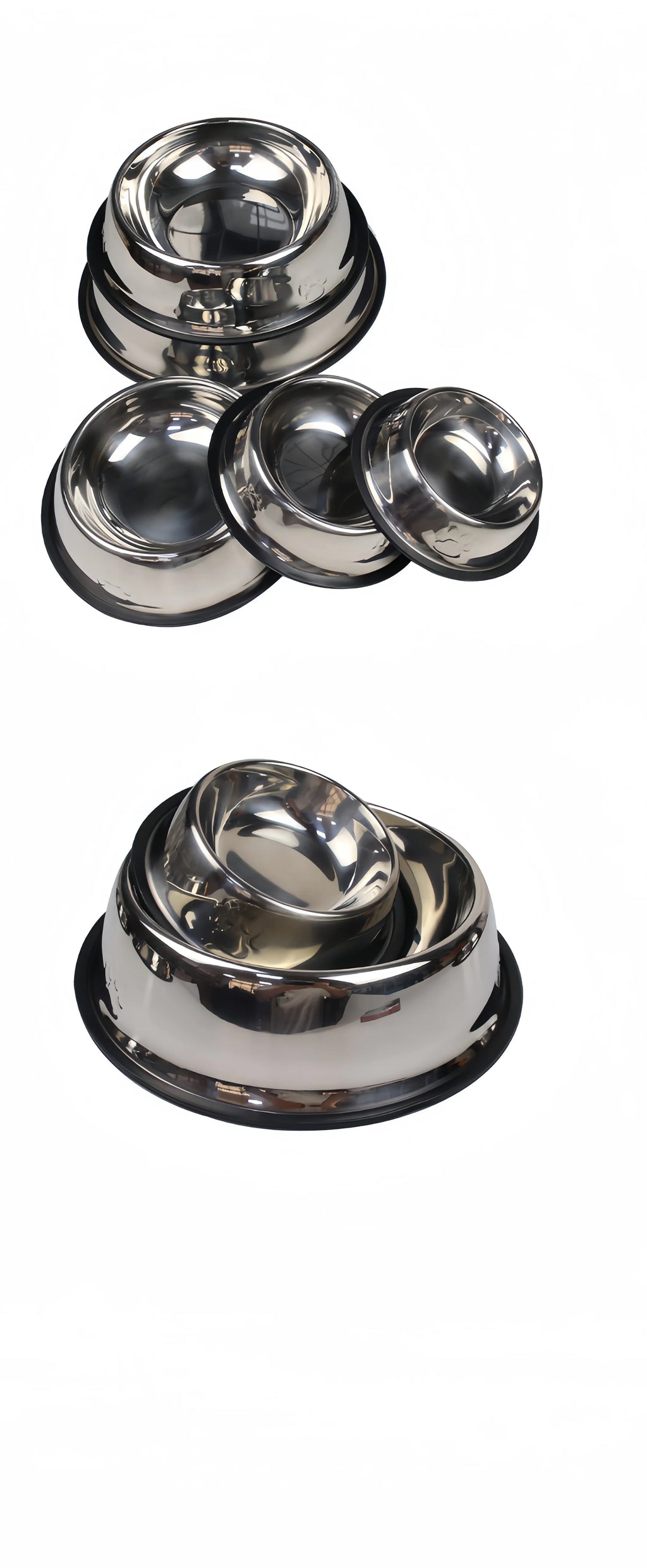 Durable stainless steel dog and cat bowls in various sizes. Easy-to-clean metal feeder for pet food or water.