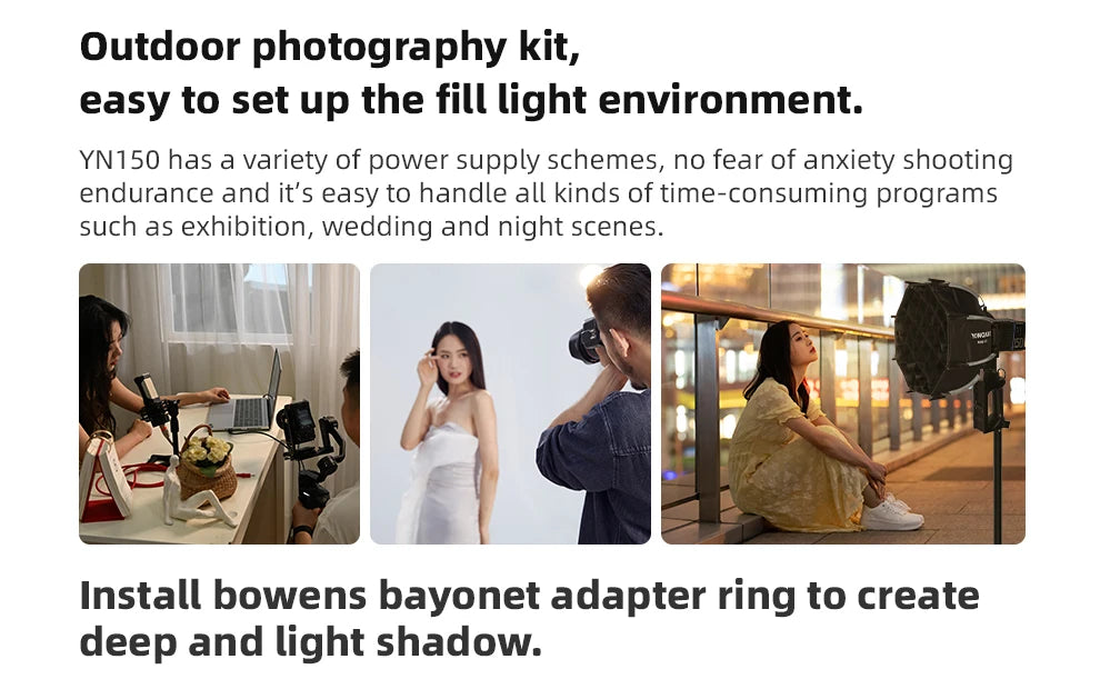 YN150 portable black LED light with Bowens mount for indoor and outdoor photography lighting setups.
