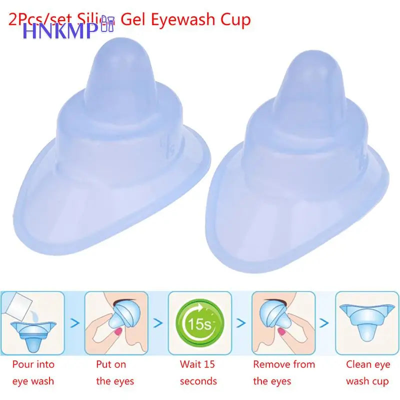 Two reusable soft blue silicone eyewash cups for eye cleaning and hygiene, featuring an easy-to-use applicator design.