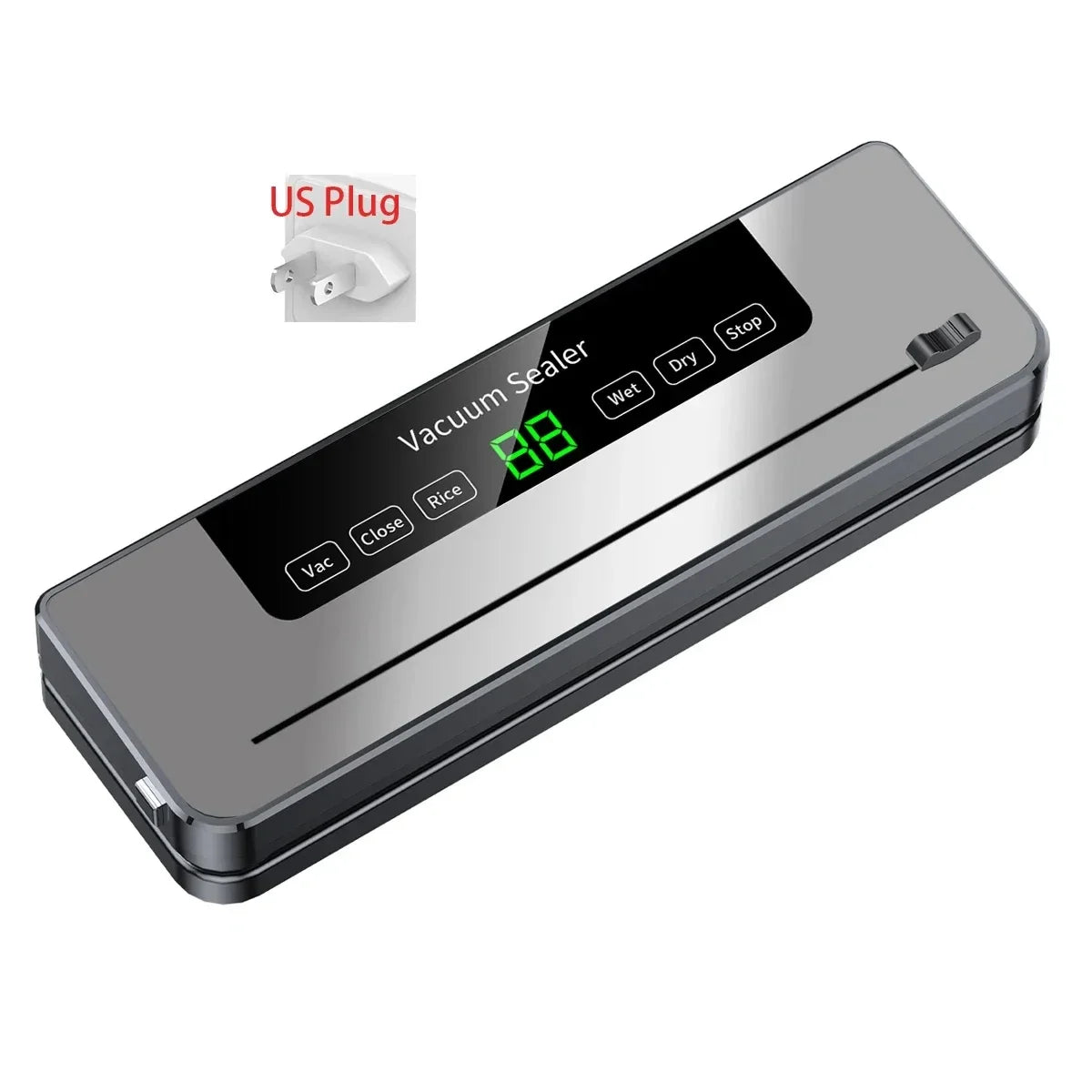 Vacuum food sealer machine with touch controls, digital display, and US power plug