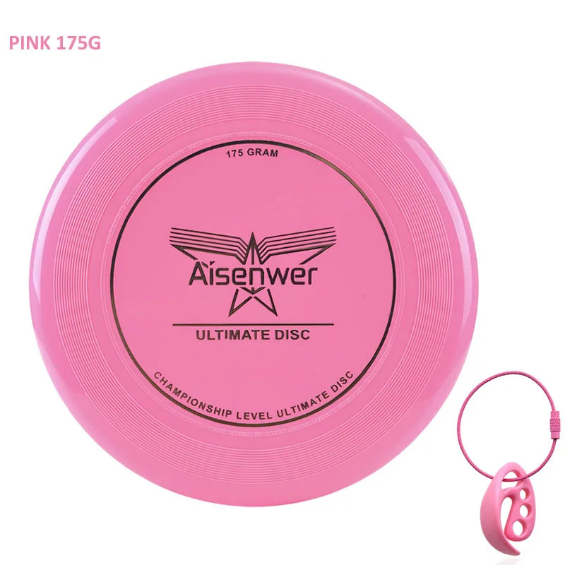 Pink 175g Aisenwer ultimate flying disc made of durable plastic with a matching pink carry clasp on a cable ring.