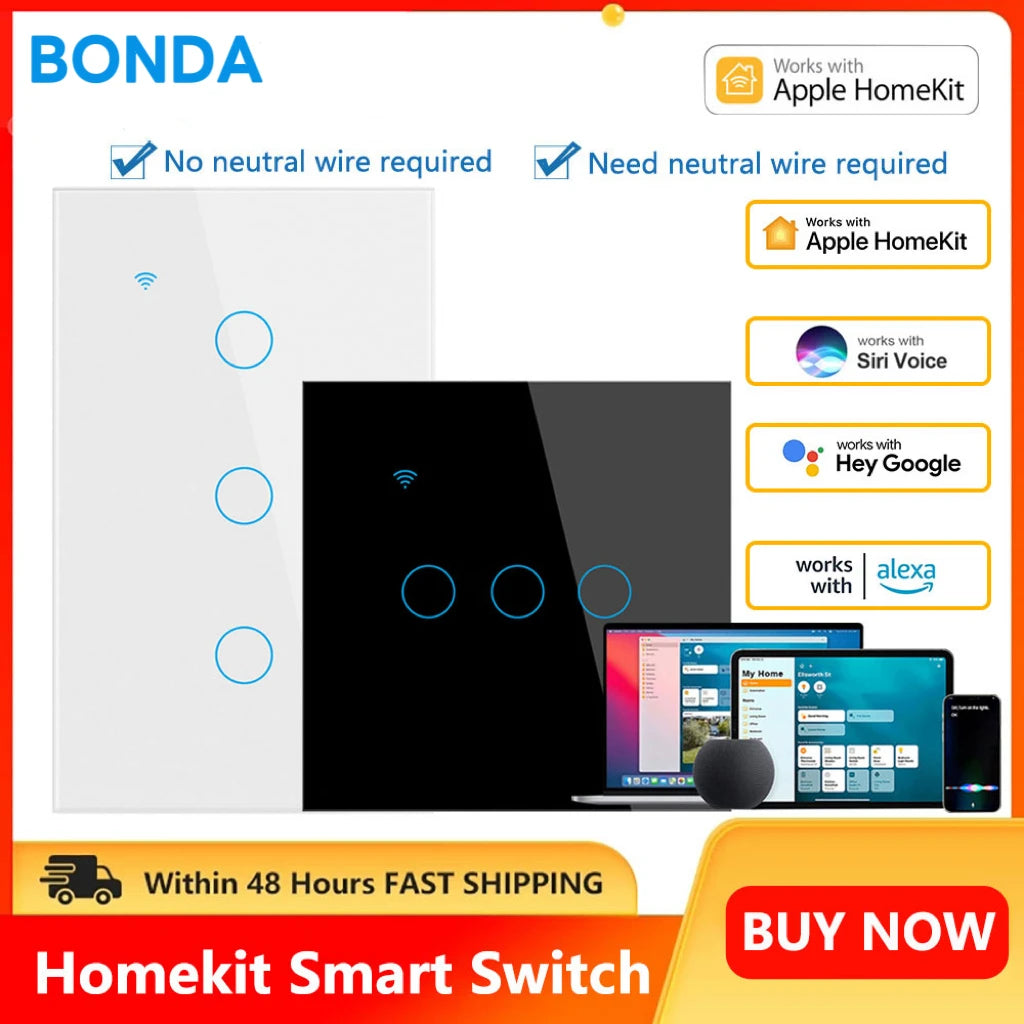 BONDA Homekit Smart Switch No Neutral EU/US WIFI Touch Sensor Light Switch Smart Google Home Alexa Siri Voice Control 220V 110V