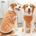 Two dogs wearing cozy tan fleece winter vests for warmth and comfort, available in sizes S-8XL for all breeds.