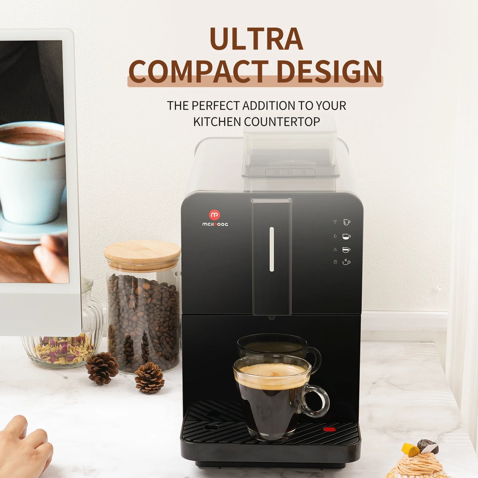 Mcilpoog compact black automatic espresso machine brewing coffee into a glass cup on a kitchen countertop.