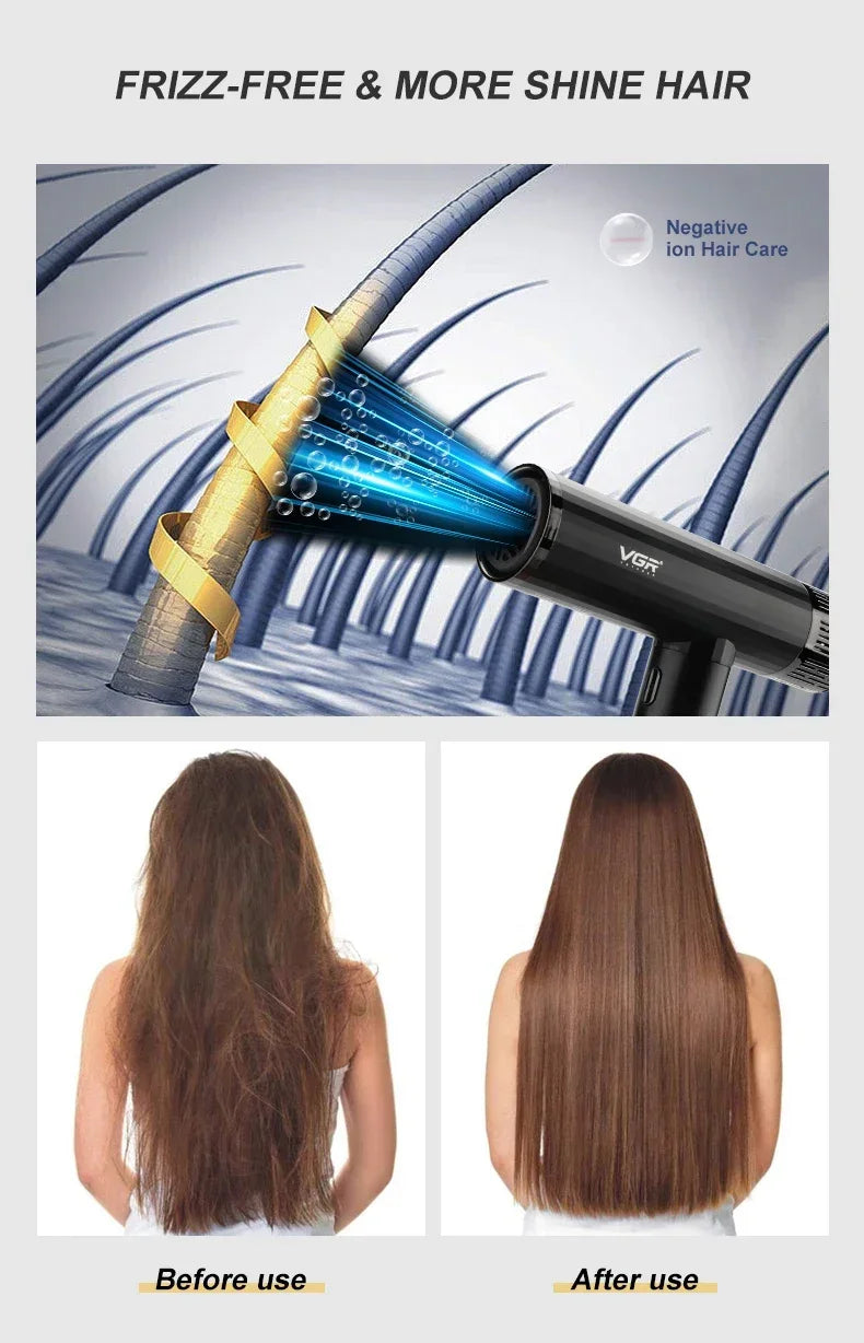 VGR V-427 negative ion professional hair dryer showing frizz-free results with powerful brushless motor performance.