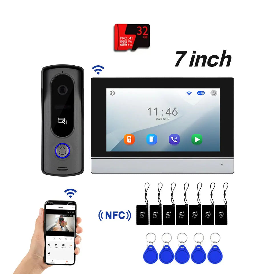 7-inch video intercom set with door station, indoor monitor, and RFID key fobs