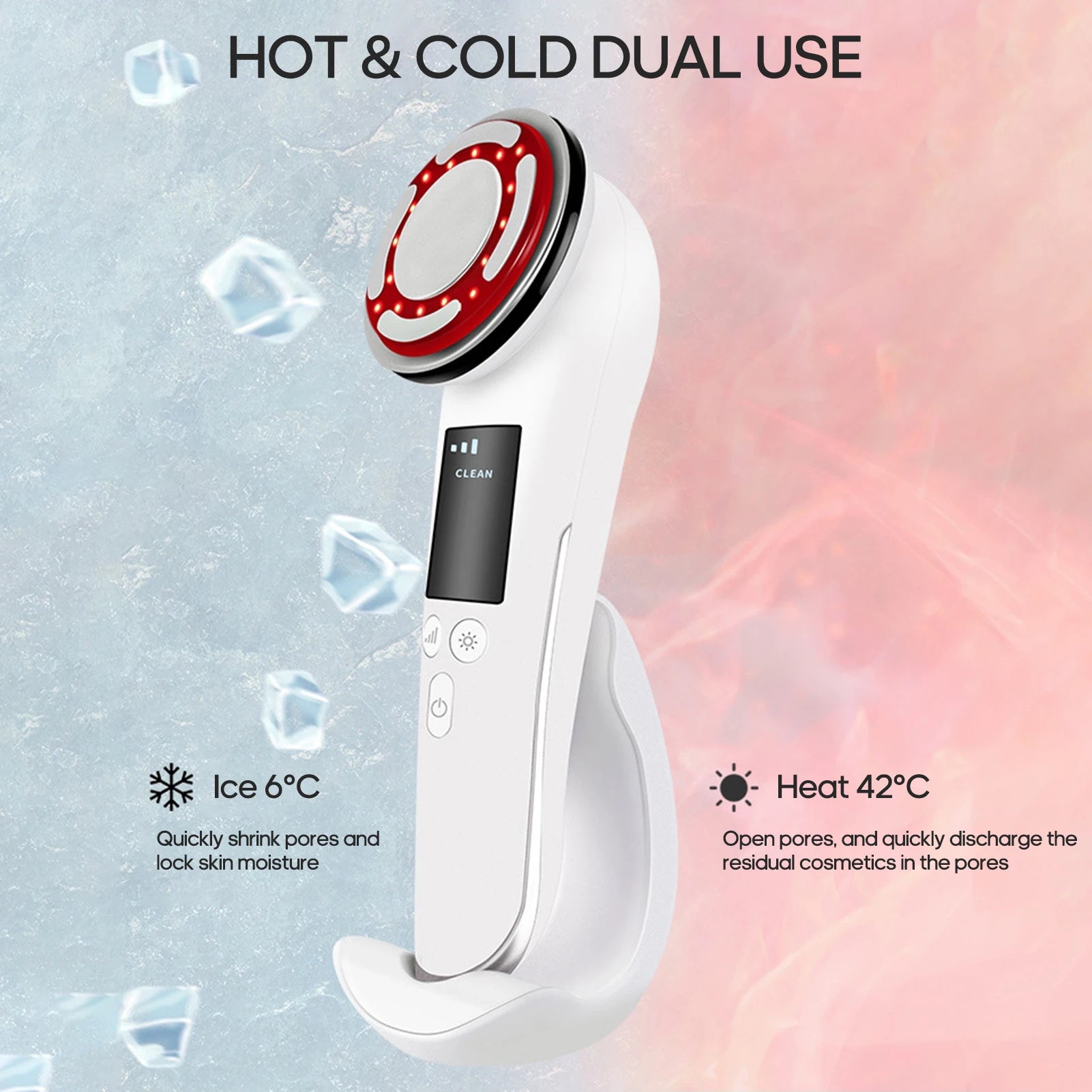 White hot and cold facial beauty device with LED light therapy, EMS vibration, and charging base for skin care.