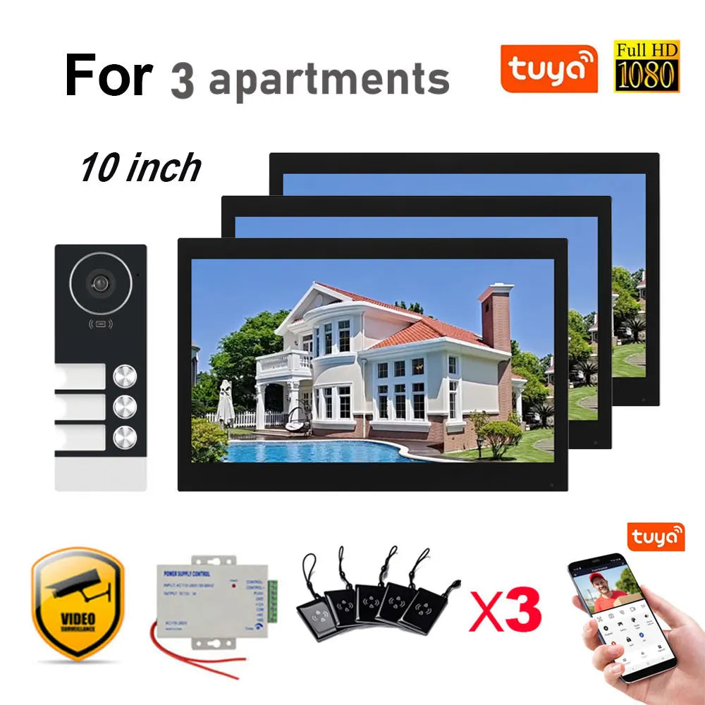 Black video doorbell intercom with three 10-inch monitors and outdoor camera door unit