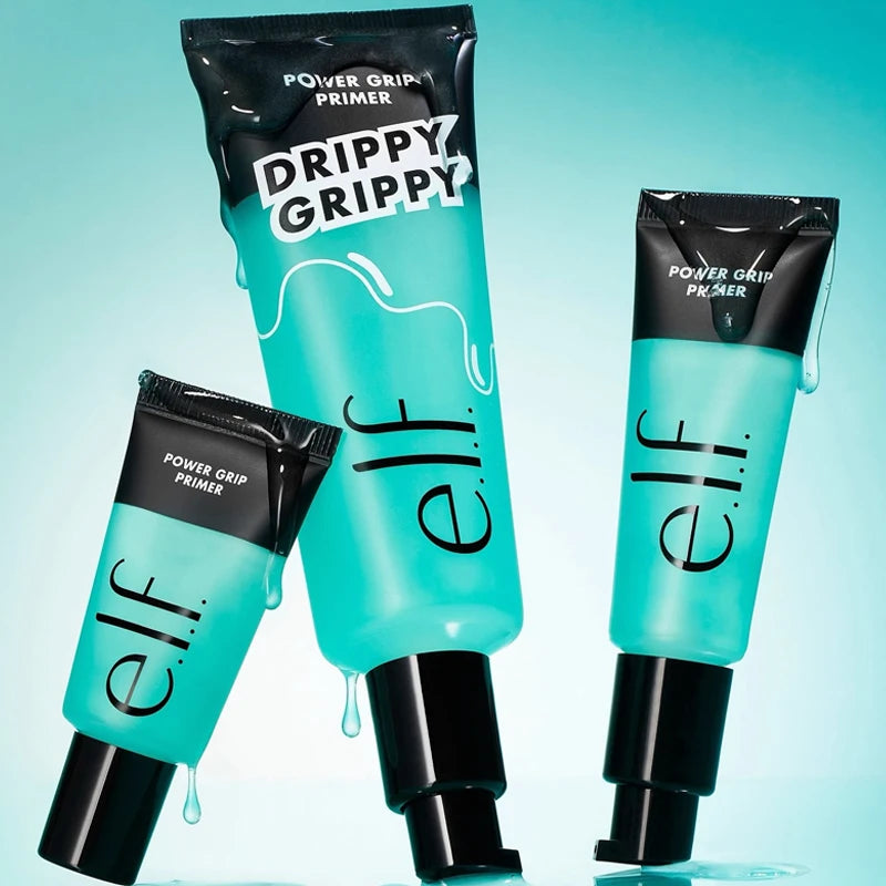 e.l.f. Power Grip Primer tubes with a teal gel texture and dripping effect for smooth, hydrated makeup base application.