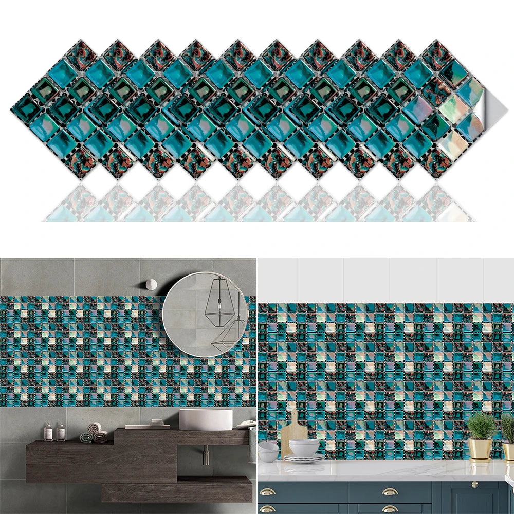 10pcs Flat Mosaic Style Tiles Sticker Kitchen Bathroom Waterproof & Oilproof Art Wall Sticker Peel & Stick Surface Glossy Film