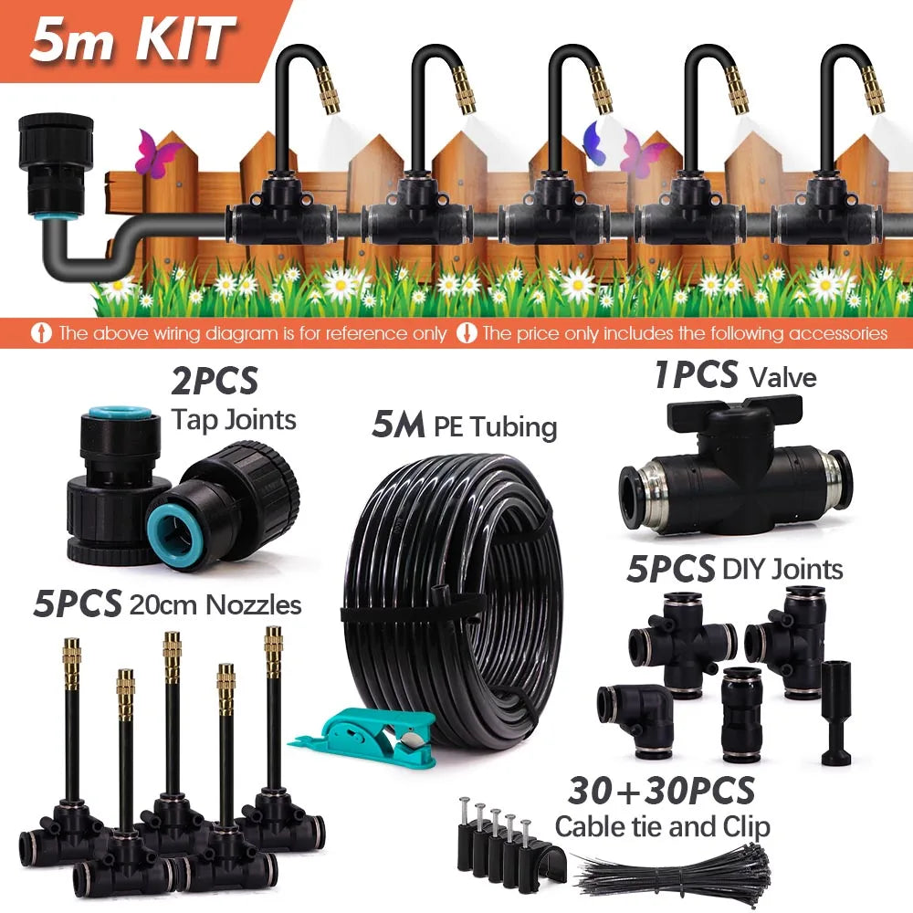 Garden watering system kit with 5m PE tubing, nozzles, tap joints, fittings