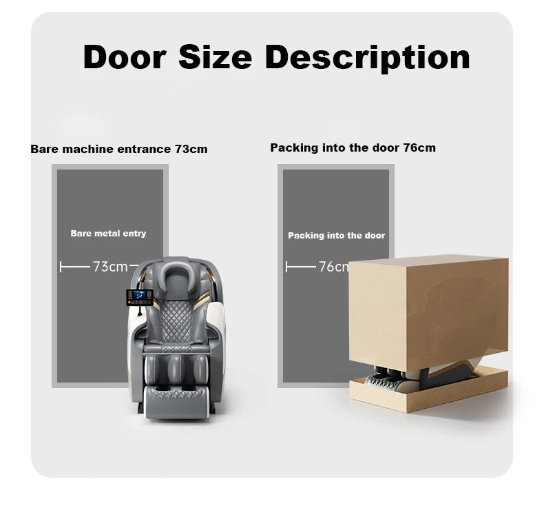 Shiatsu massage chair with packing into door size diagram, box and base visible