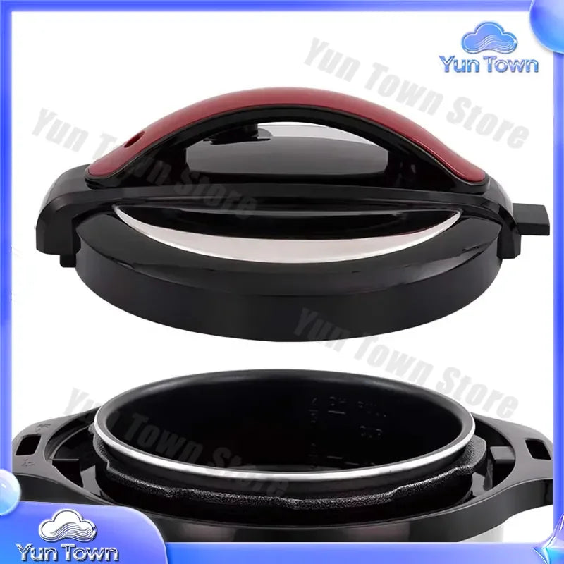 Black nonstick inner pot with lid open on electric pressure cooker base