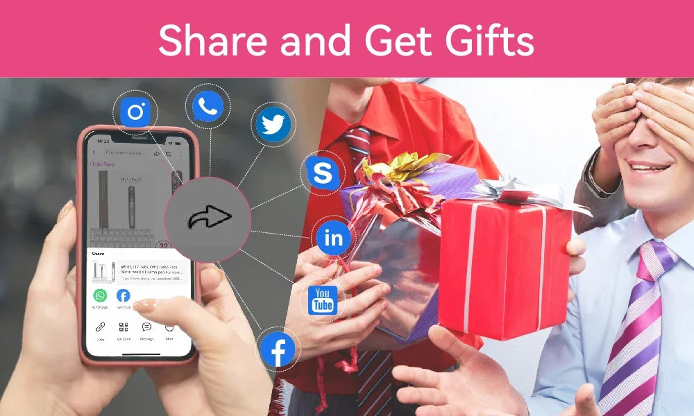 A graphic showing a person using a smartphone to share a product page for a red light therapy mat, next to gifts.