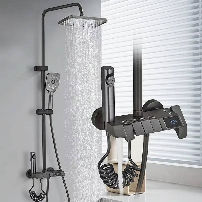 Rozin Black Digital Display Shower Faucet Set Piano Style Rainlfall Bathroom System Grey Digital Mixer Tap Bidet Shower