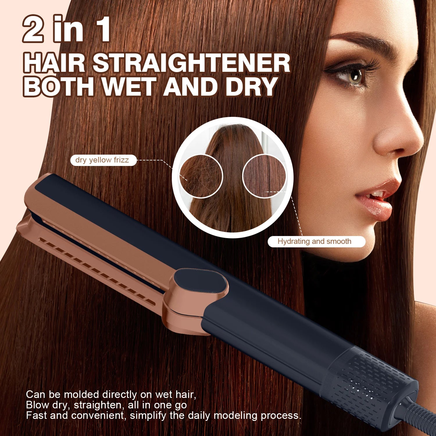 Black and rose gold 2-in-1 ionic hair straightener and dryer for wet and dry hair with smooth finish.