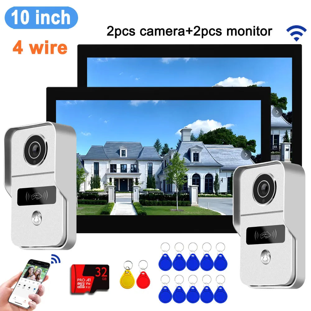 10-inch video doorbell intercom kit with two silver cameras, two black monitors, RFID keys