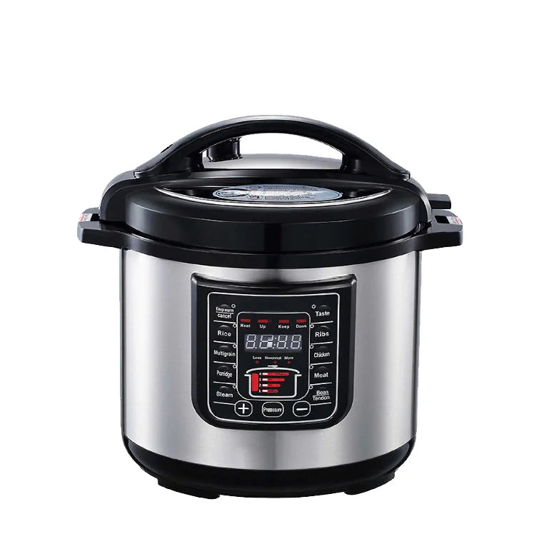Stainless electric pressure cooker angled view with black lid and digital program panel