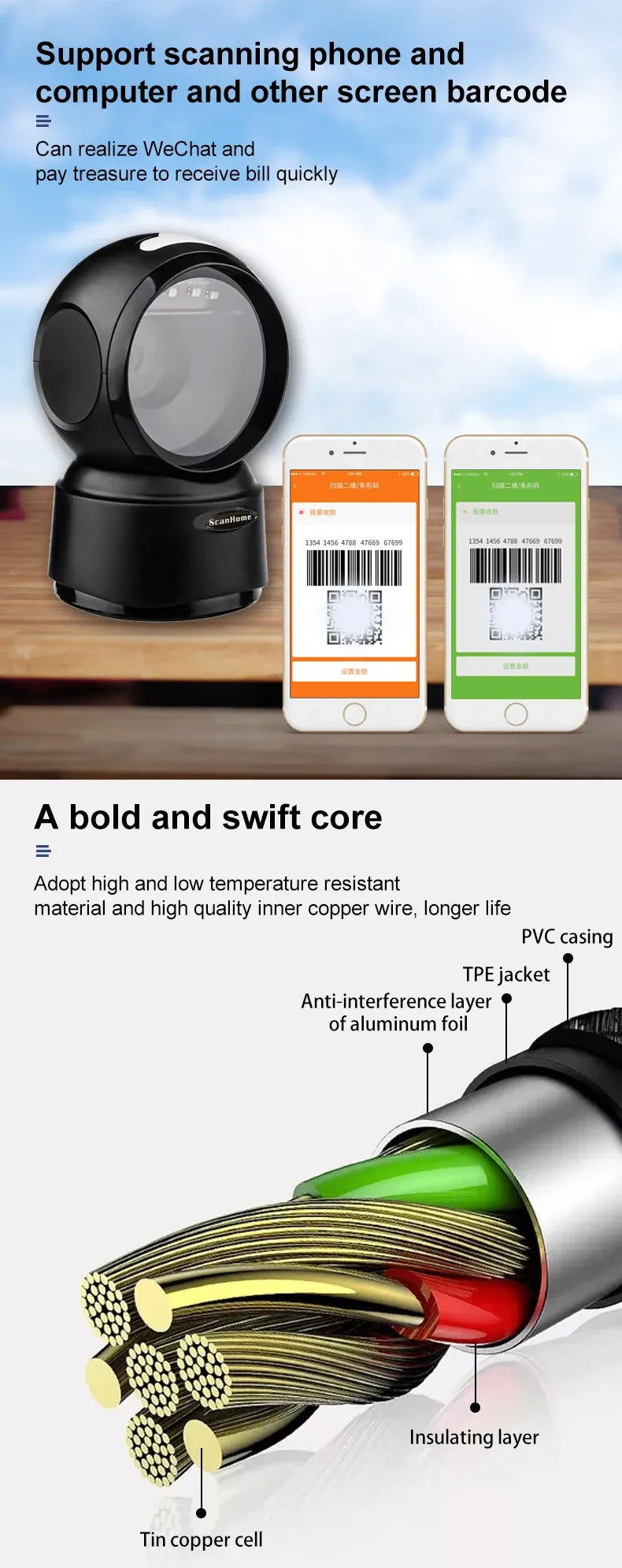 ScanHome 2D barcode scanner with round scan head and smartphone barcode screens