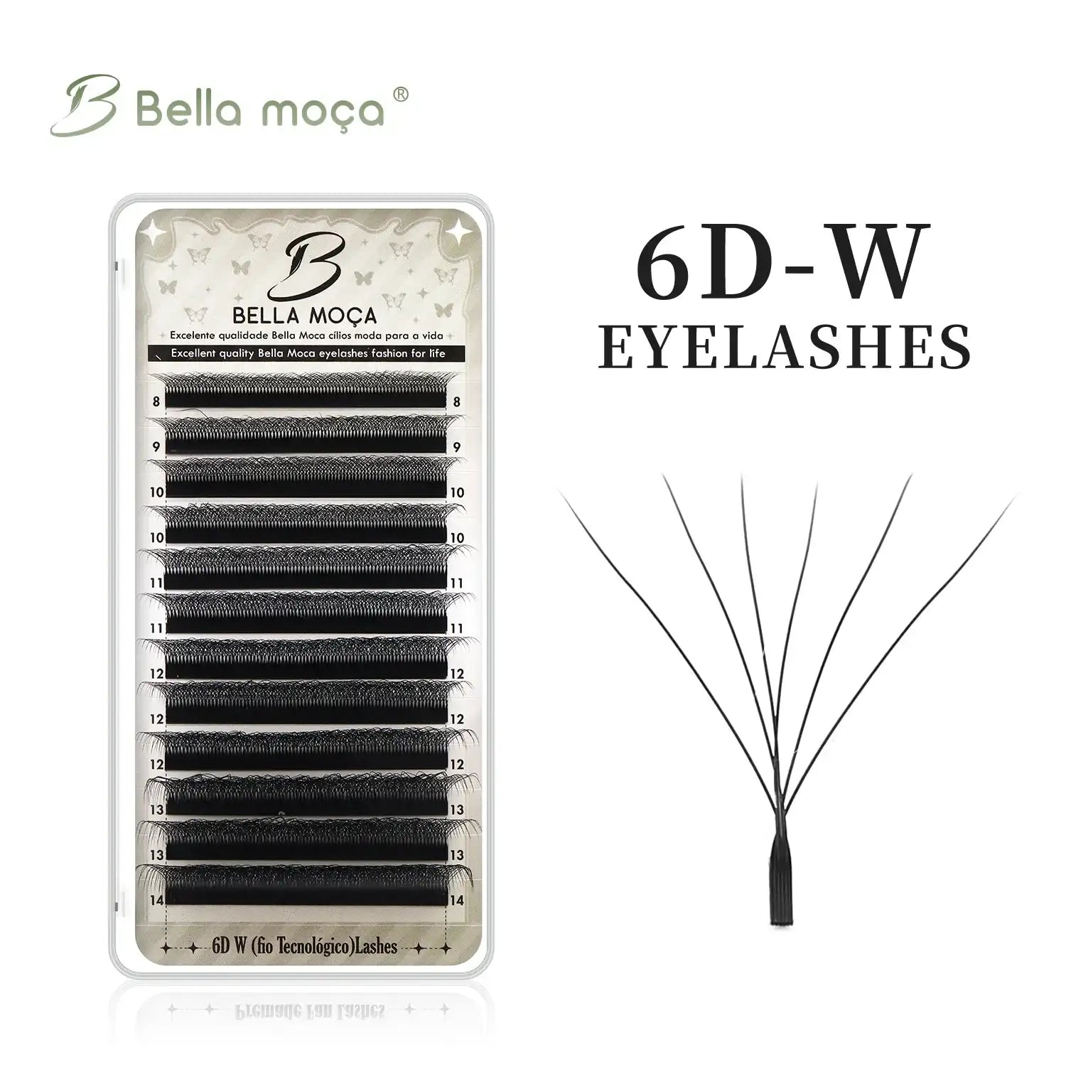 Tray of black 6D-W volume lashes with varying lengths and a magnified view of a single six-strand lash fan.