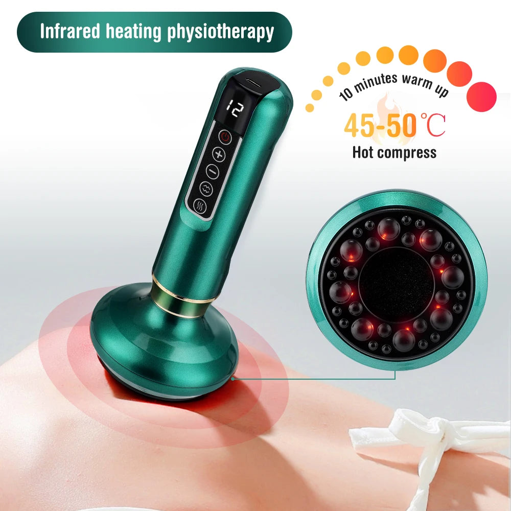 Green electric cupping massager with 12-gear vacuum suction, infrared heat, and LED display for body slimming massage.