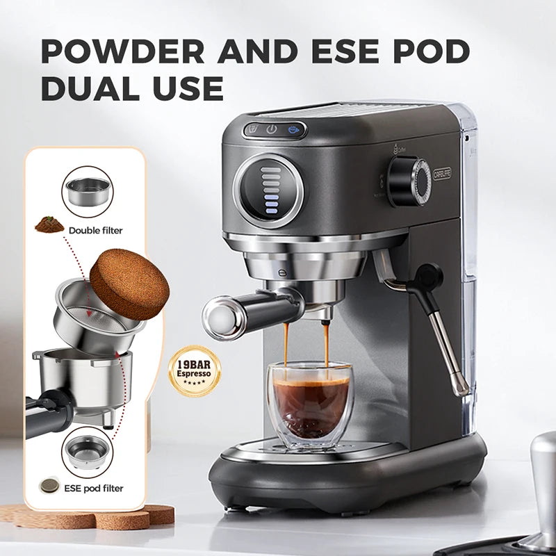 Cafellfe 19-bar espresso machine in matte grey, featuring dual-use for coffee powder and ESE pods with steam wand.