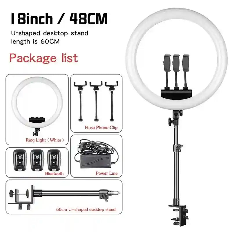 18-inch LED ring light with three phone mounts, power adapter, Bluetooth remote, and a 60cm U-shaped desk clamp stand.