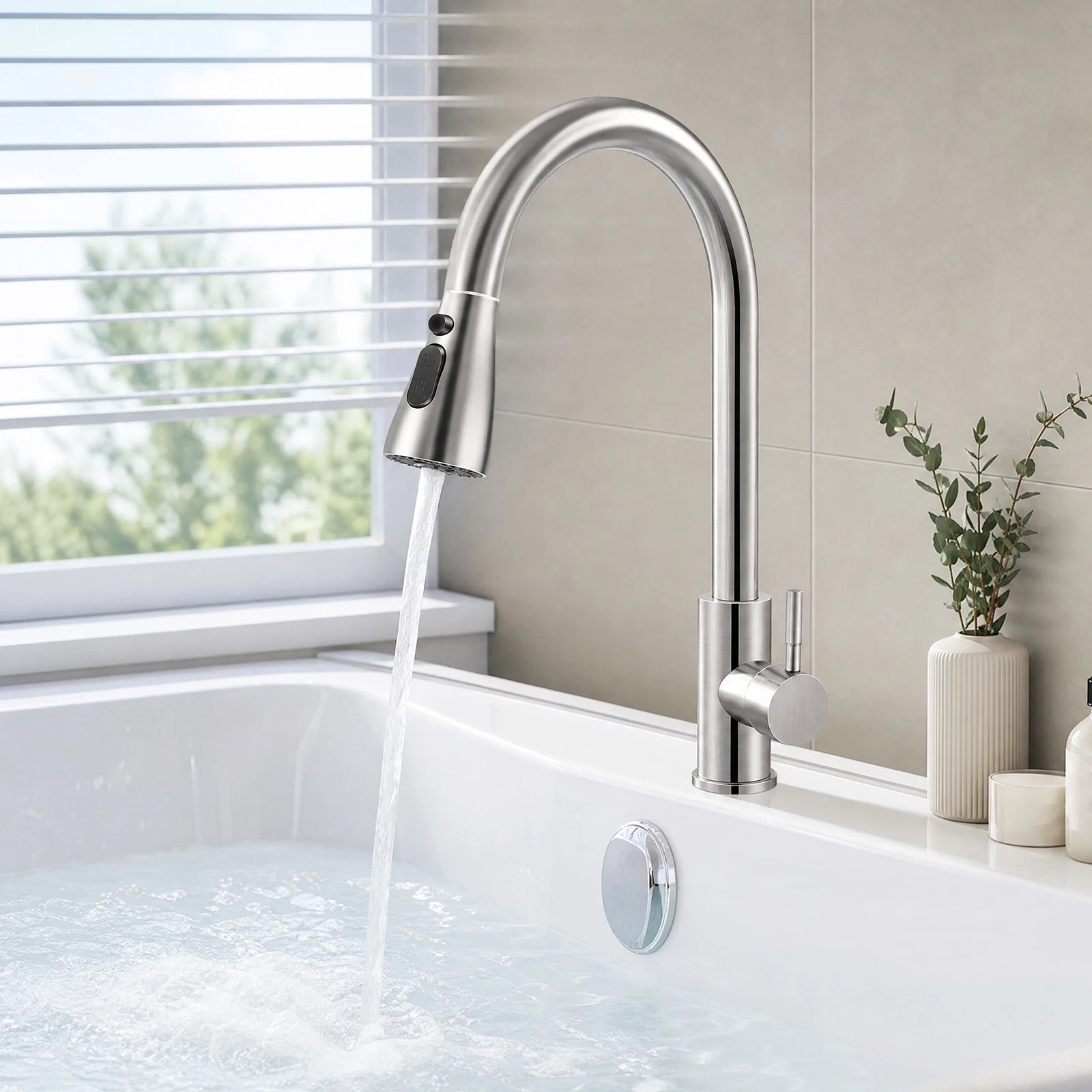 Stainless Steel Faucet Kitchen Faucet Sink Faucet with Pull Down Sprayer Hot and Cold Dual Control Bar Sink Faucet Rotation Faucet Showerhead and Bubble Water Flow