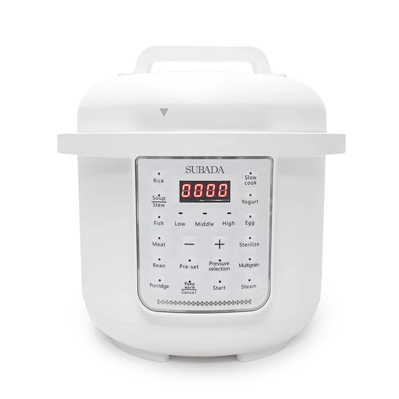 White electric pressure cooker with clear control panel and red digital display