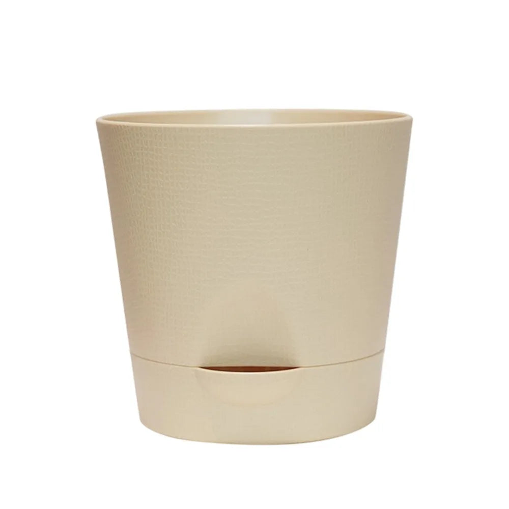 Beige round plastic self-watering flower pot with detachable bottom base and drainage opening