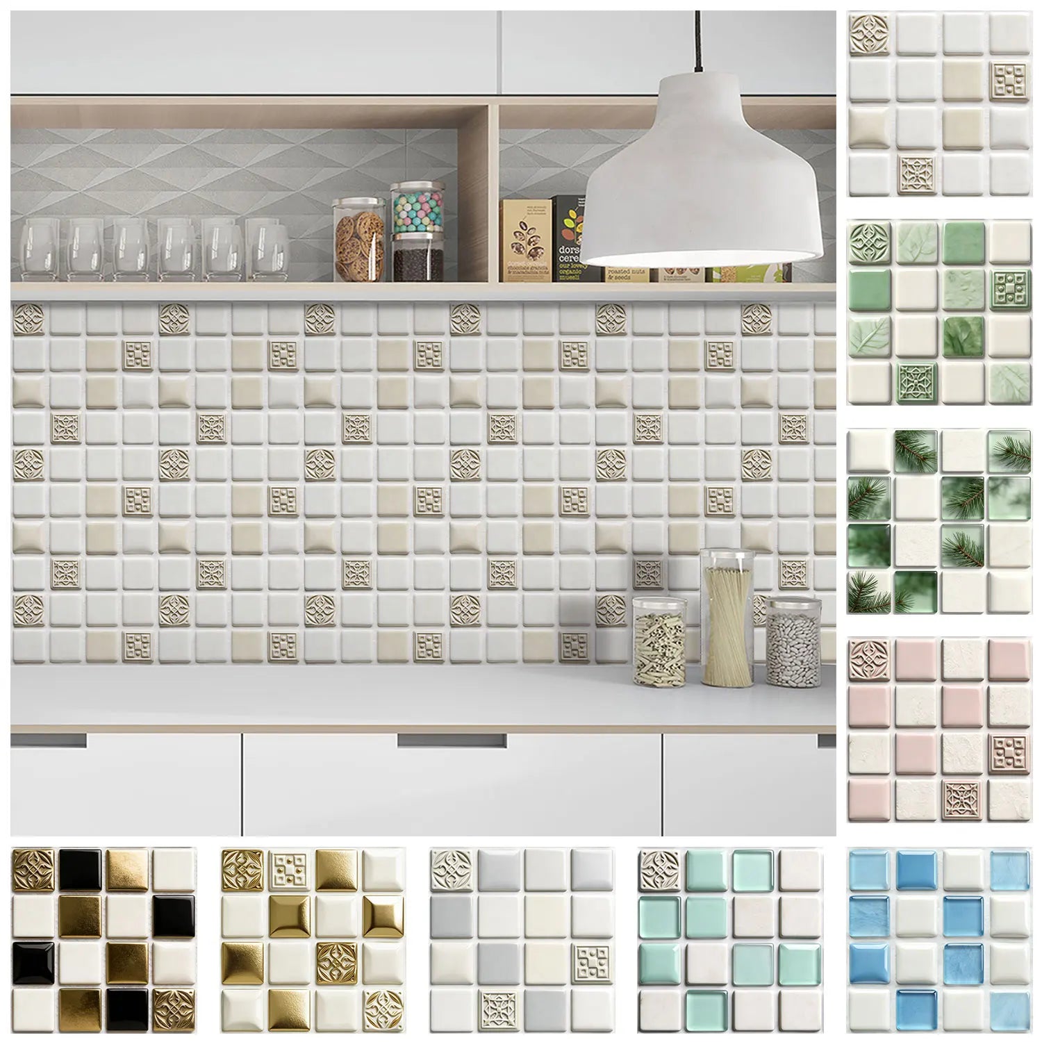 10pcs Flat Mosaic Tiles Sticker Set Kitchen Bathroom Wall Decals Gloss Waterproof Film 2D Surface Cover Transfers for Home Decor