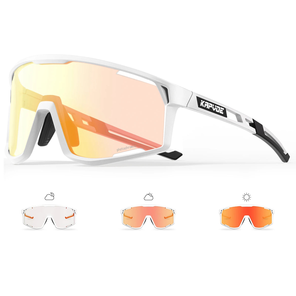 Cycling photochromic sunglasses, white frame, warm orange-yellow mirrored lenses