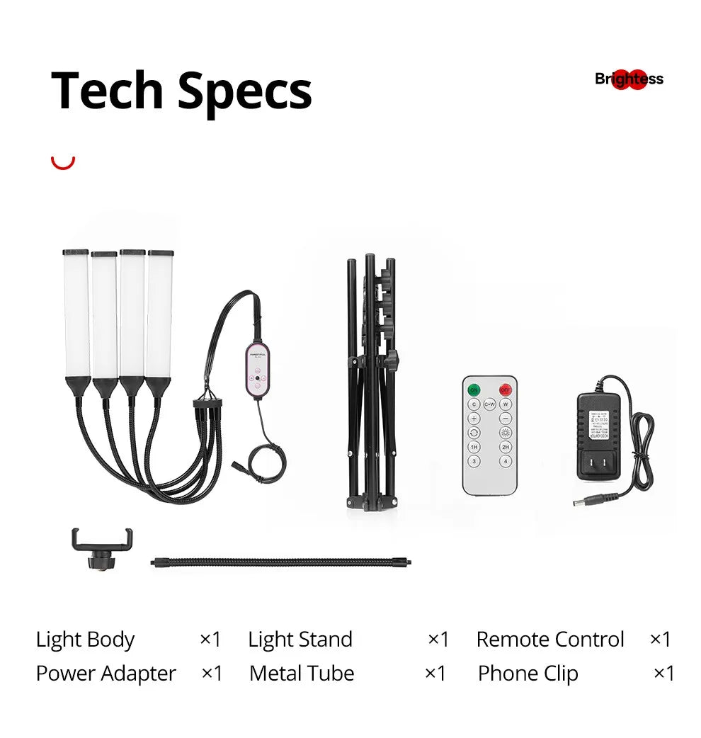 Four-tube LED light kit with stand, remote, phone clip, and power adapter for photography and content creation.