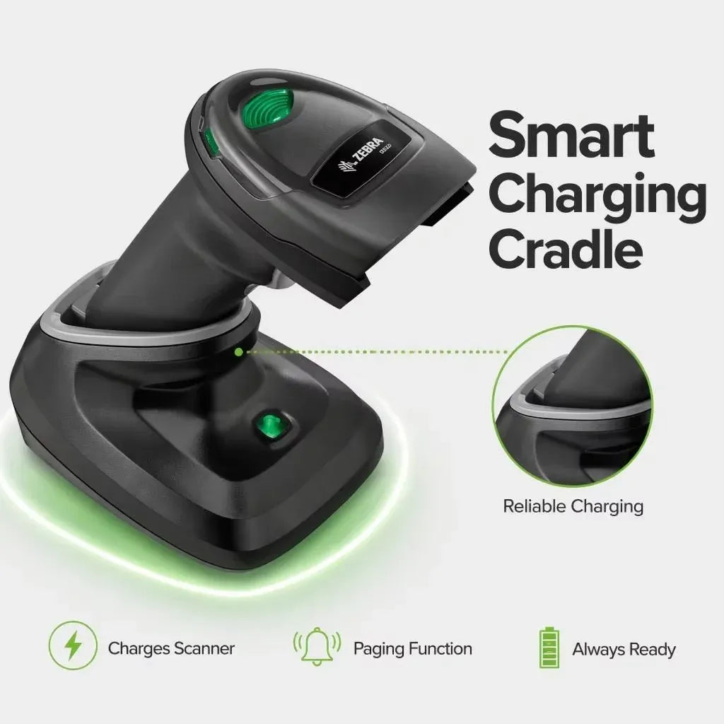 Barcode scanner on cradle with green charging glow and close-up of the dock