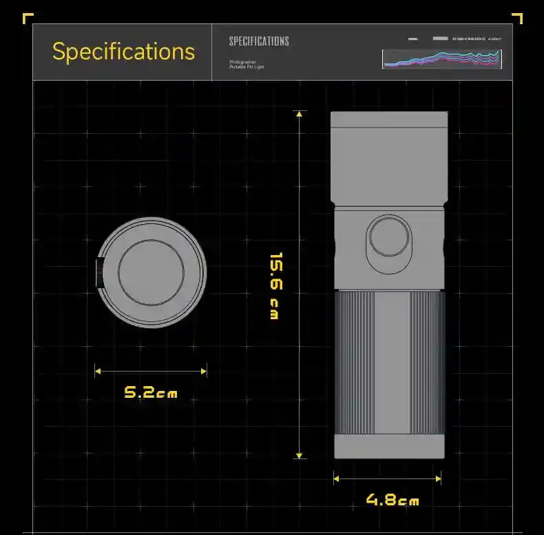 Portable fill light technical diagram showing a gray cylindrical device, 15.6cm tall and 5.2cm wide, on a grid