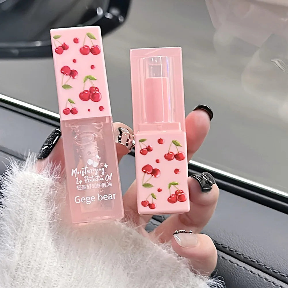 Gege Bear cherry print hydrating lip balm and glossy lip oil set for moisturizing, tender, and shiny lips.