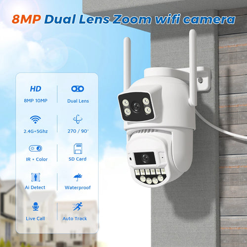 White dual-lens Wi‑Fi security camera mounted on a wall with two antennas