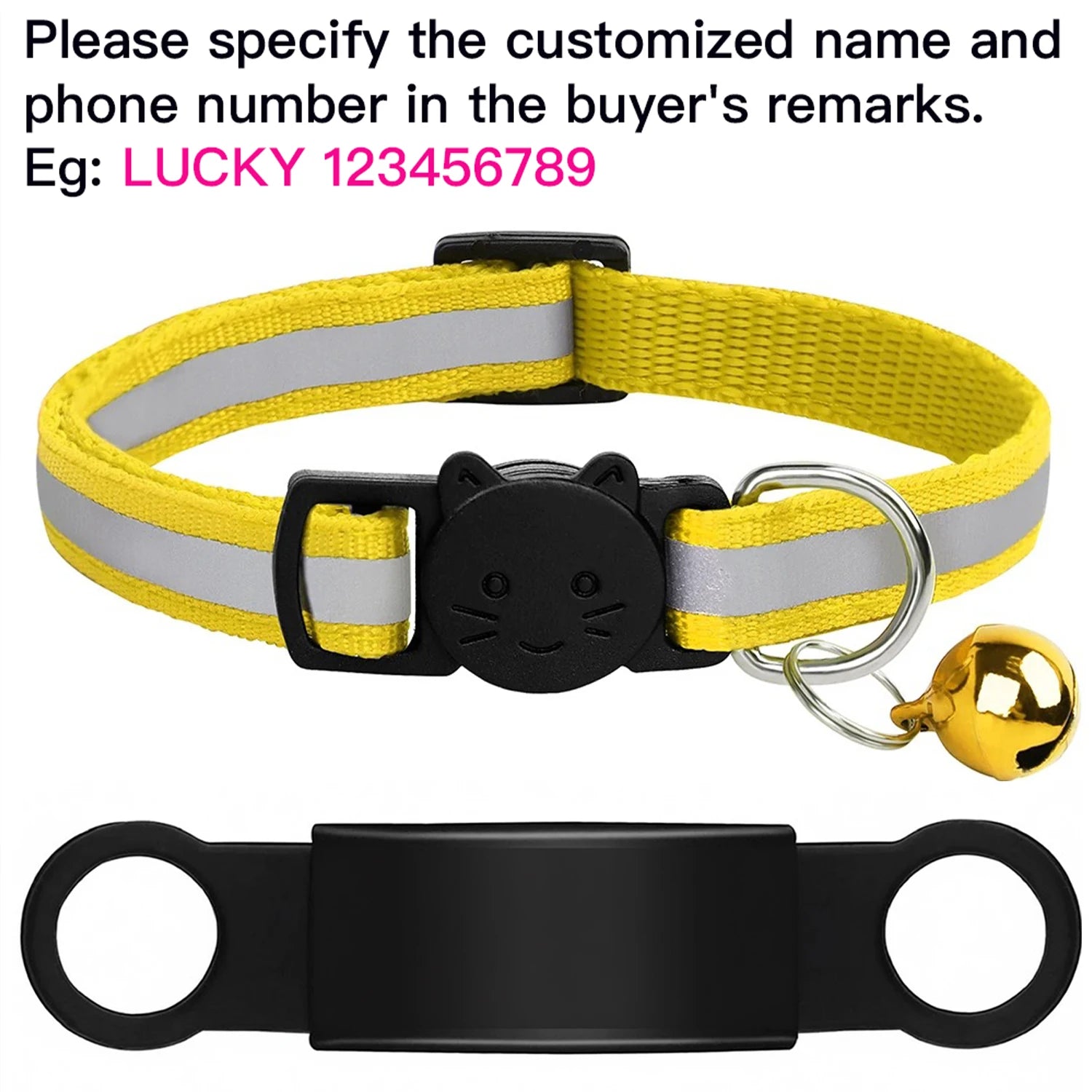 Customized yellow reflective cat collar with anti-lost engraved ID tag and bell for safe, personalized pet identification.