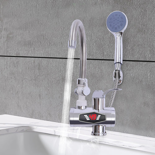 Light grey instant electric water heater faucet with handheld shower head and LCD display
