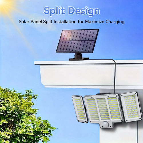 Black solar panel connected by cord to a three-sided LED security wall lamp mounted on a white wall.